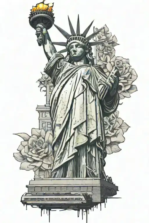 Statue Of Liberty In Realism With Orange Lighting And A Subway Car In Graffiti Nearby