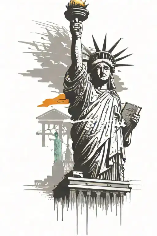 Statue Of Liberty Realistic With Orange Backlight And Subway Car In Graffiti Realistic