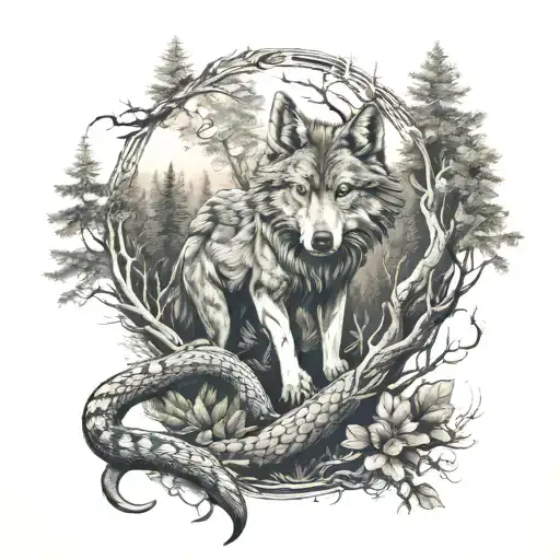 Wolf And Snake And Forest In Background