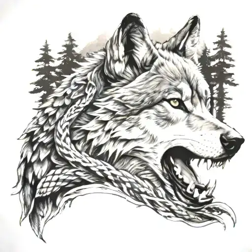Wolf With Snake And Forest In Background