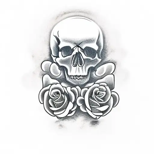 Skull With Roses And Clouds As Background