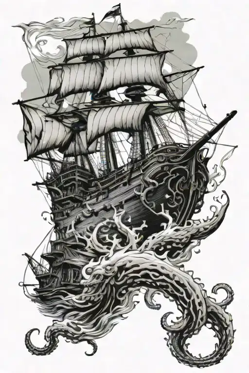 Kraken Pulling Down Pirate Ship Navigating
