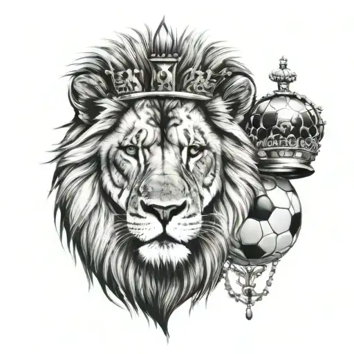 Huge Lion And A Large Soccer Ball With A Vertical Crown