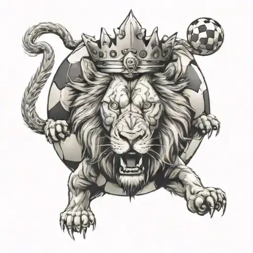 Huge Lion With Open And Angry Mouth And A Large Soccer Ball With A Vertical Crown