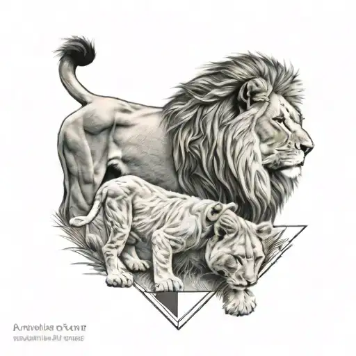 Half Geometric Lion With 3 Cubs Playing