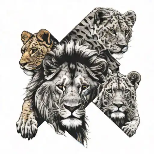 Half Geometric Lion Face With 3 Cubs