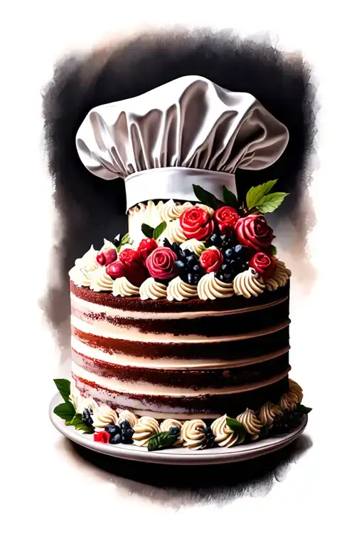 A Realistic Tattoo Of A Beautifully Decorated Cake With A Baker's Hat On Top