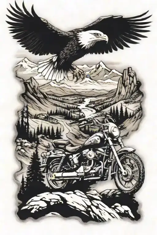 Mountain Road With Motorcycle And Eagles Flying