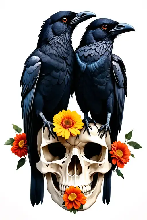 2 Crows Standing On A Skull Holding Flowers In Its Mouth