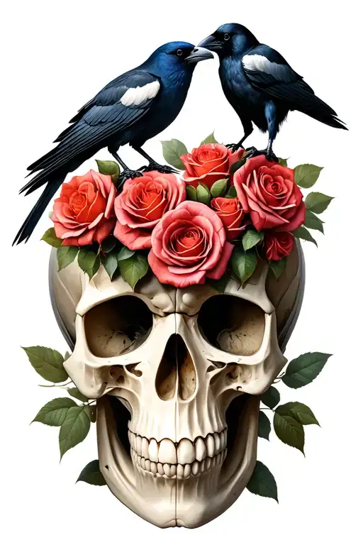 2 Crows Standing On A Skull Holding Roses In Its Mouth