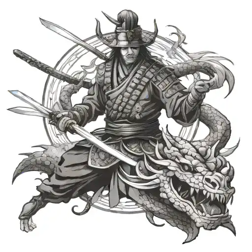 Undead Samurai Raising Katana With Smoking Dragon And Karps