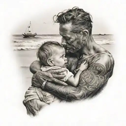 A Man Holding A Child On A Beach