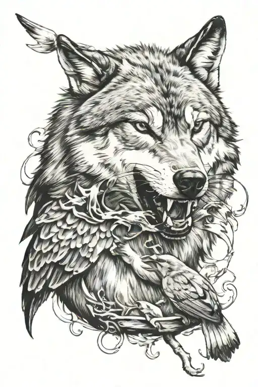 A Wolf Eating A Throstle Bird