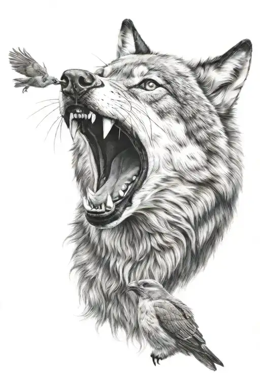 A Wolf With A Throstle Bird In Its Mouth