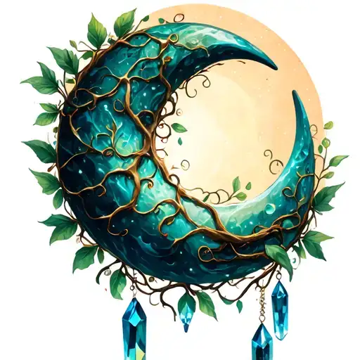 Crescent Moon With Vines Wrapped And Crystals Hanging
