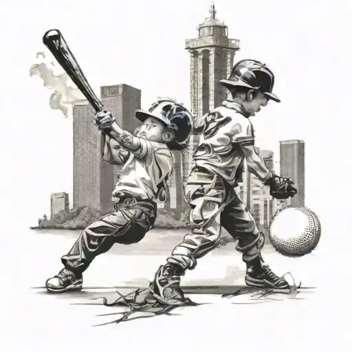 Two Kids Playing Baseball In Front Of The Toronto Skyline