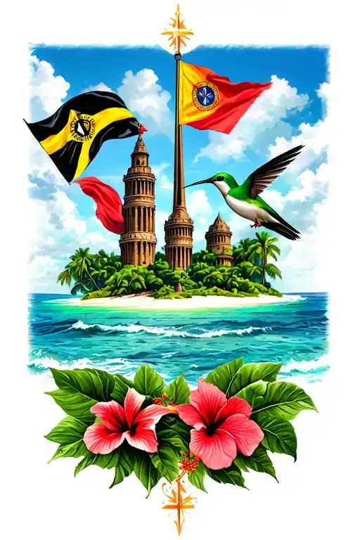 Trinidad Island With Flags Compass Twin Towers Steel Pan Masqueraders Humming Bird And Hibiscus