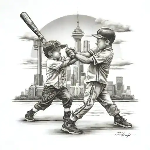 Two Kids Playing Baseball In Front Of The Toronto Skyline