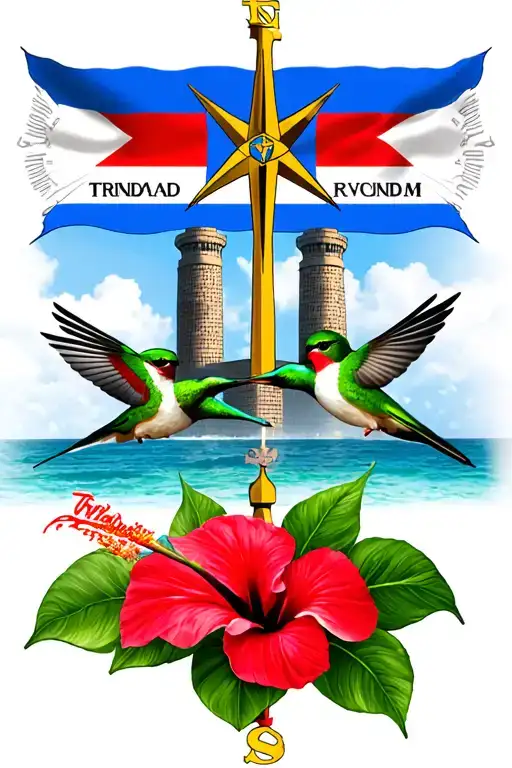 Trinidad With Trinidad Flag Compass Twin Towers Steel Pan Masqueraders Humming Bird And Hibiscus