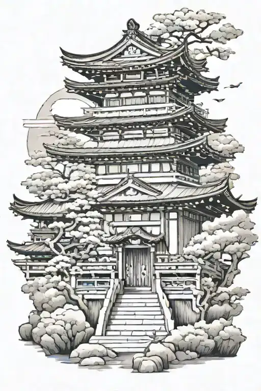 Japanese Temple With A Samurai Standing In The Front