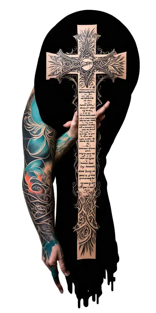 Cross With Hebrew Scripture Incorporated Full Sleeve Tattoo With Lots Of Filler
