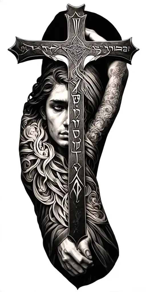 Cross With Hebrew Scripture Incorporated Full Sleeve Tattoo With Lots Of Filler