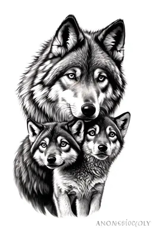 She-wolf And Wolf Cubs