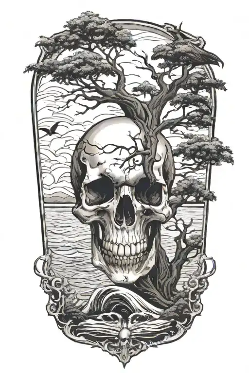 Skull Rising From Ocean With Tree Growing Out Of Skull And Raven Pearched On Tree