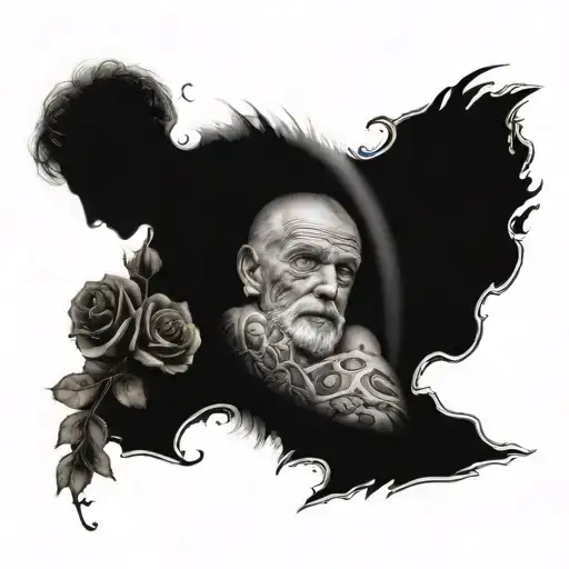 A Forearm Tattoo Depicting A Deceased Father And A Living Son Surrounded By Roses And An Eye
