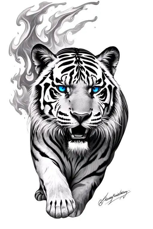 Black And White Tiger With Blue Eyes Like Fire Watching Aggressively