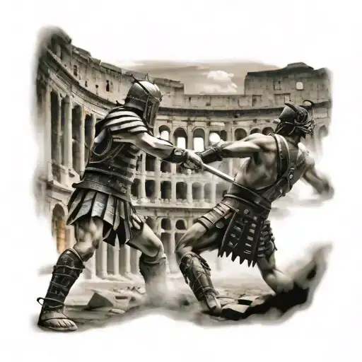 A Gladiator Fighting In The Colosseum With A Japanese Temple In The Background