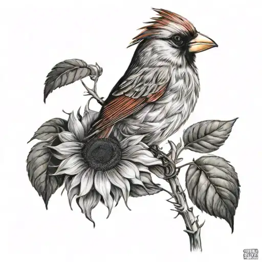 Sunflower And Cardinal Bird