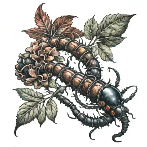 Dark Fantasy Centipede With Bloody Flowers Along Its Path