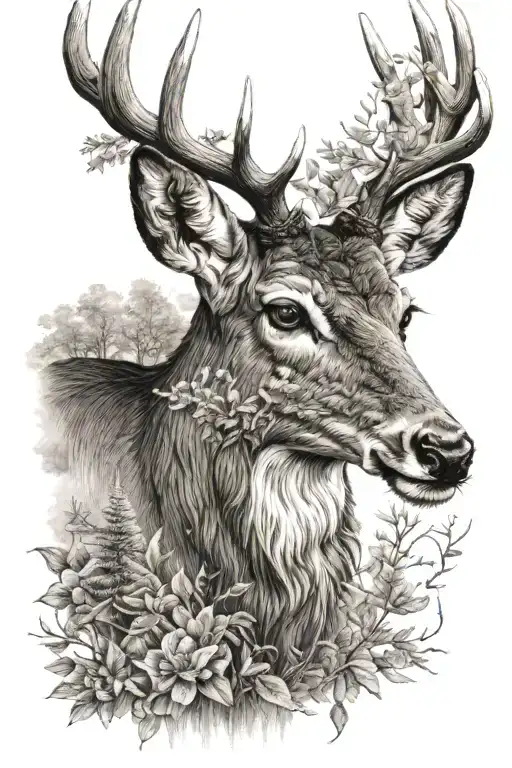 Nature Themed Tattoo Featuring Whitetail Deer Head
