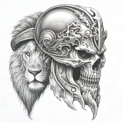 Half Lion Other Half Skull With Spartan Helmet On Dual Perspectave