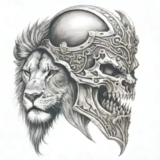 Half Lion Other Half Skull With Spartan Helmet On Dual Perspectave Straight On