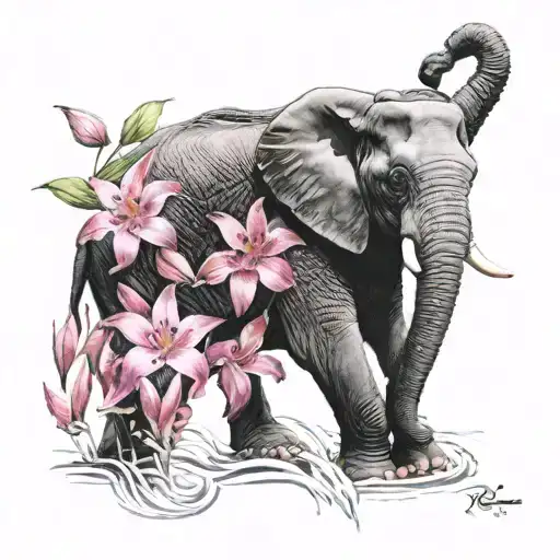 Black And White Elephant With Pink Lilies