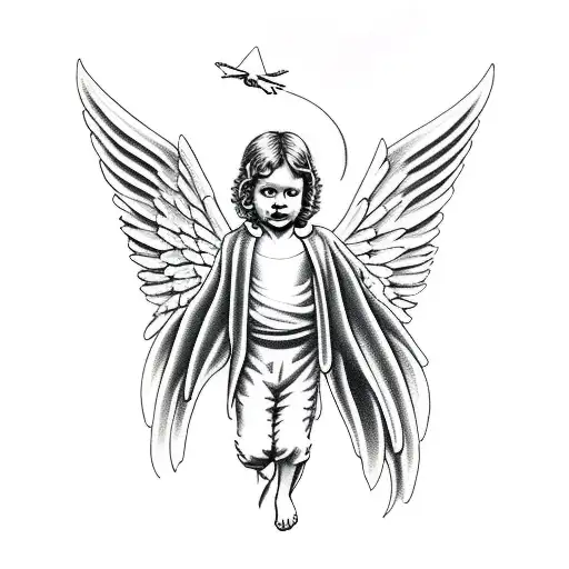 Angel Descending From Sky Above Little Boy