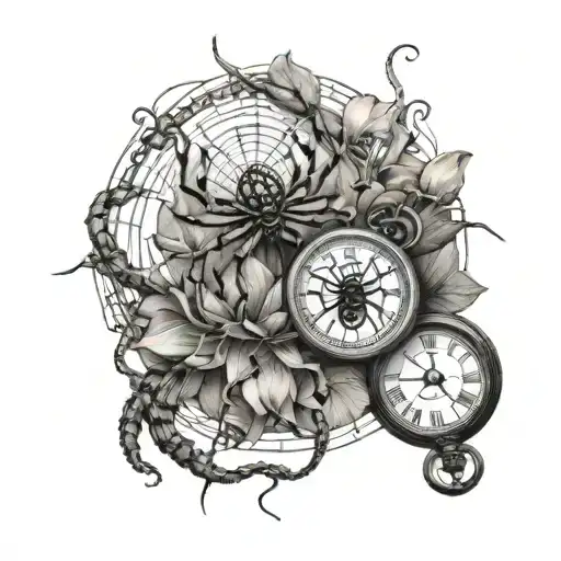 Spider Perched On A Spider Web With Lotus Flowers Around It And On One Side A Protected Pocket Watch