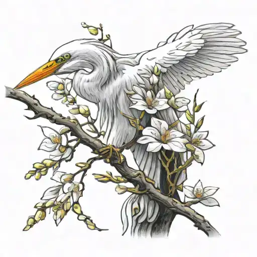 Egret With Dogwood Tree Branches Wrapped Around Arm