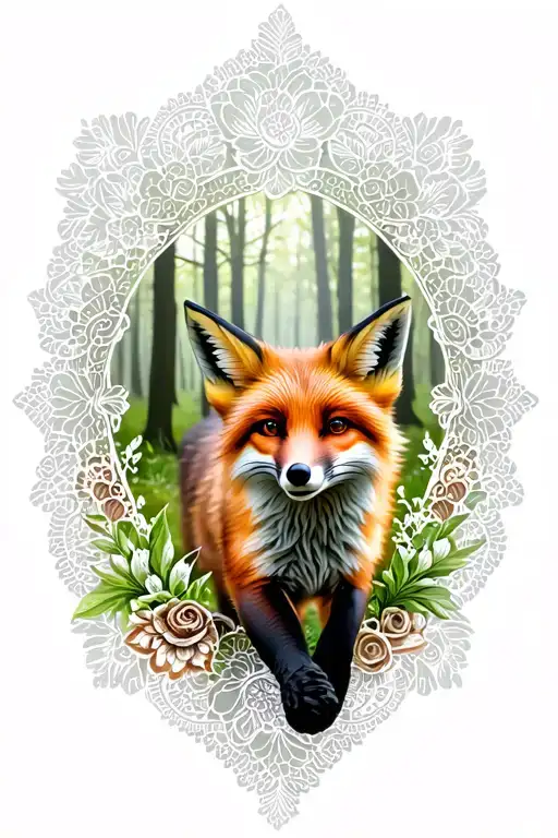 Floral Lace Background With Fox Running Through Forest