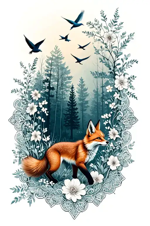 Floral Lace Background With Small Fox Running Through Forest And Birds Flying Above