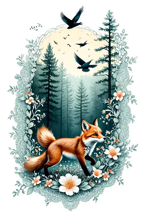 Floral Lace Background With Small Fox Running Through Forest And Birds Flying Above