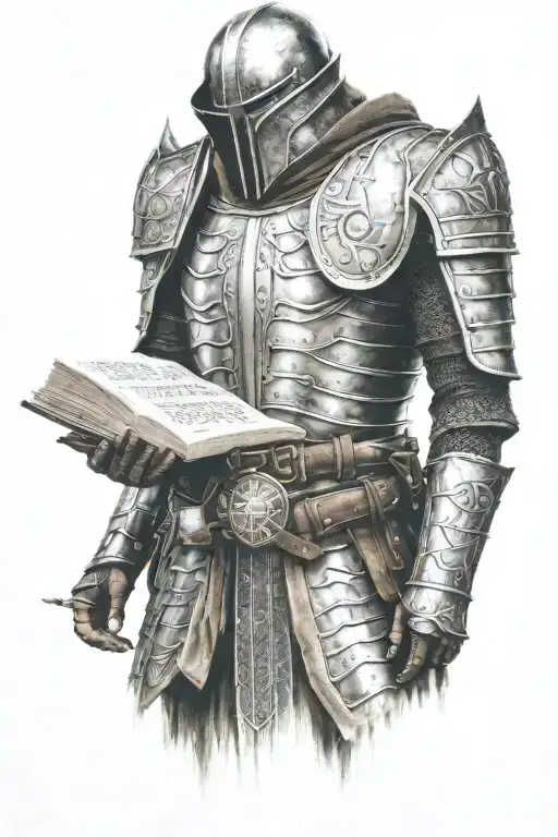 Full Right Sleeve Tattoo Of Shoulder Armour And Elder Scrolls Book Front