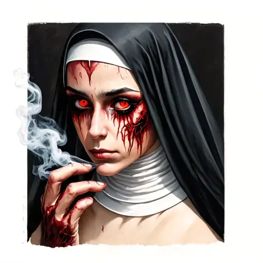 Demon Nun With A Veil Over Her Hair Scars On Her Face Smoking With Red Eyes