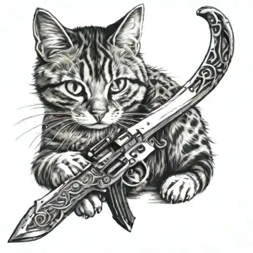 A Cat With One Eye Playing Video Games With A Sword Controller