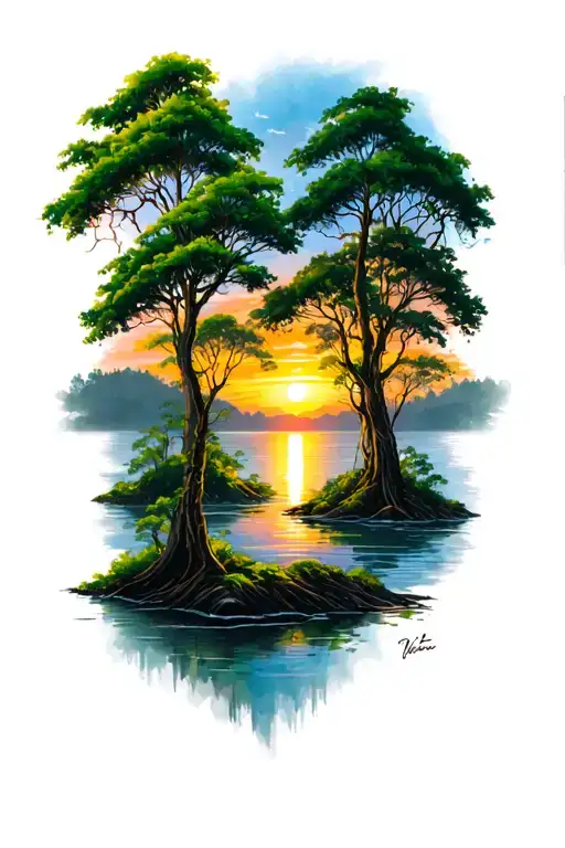 Jungle Forest With Trees Colors Sunset Over Lake