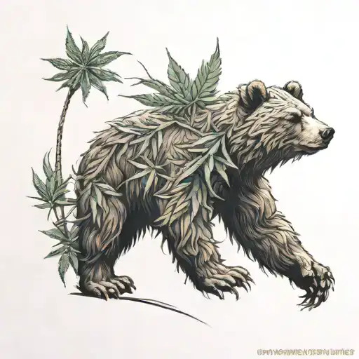 A Detailed Tattoo Of A Cannabis Plant Growing In The Shape Of A Grizzly Bear