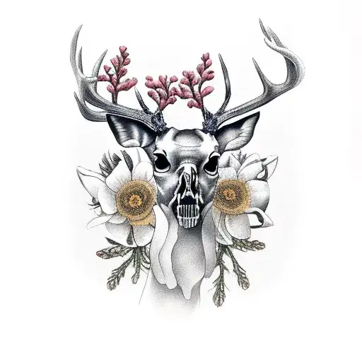 Skeletal Deer With Withered Flowers