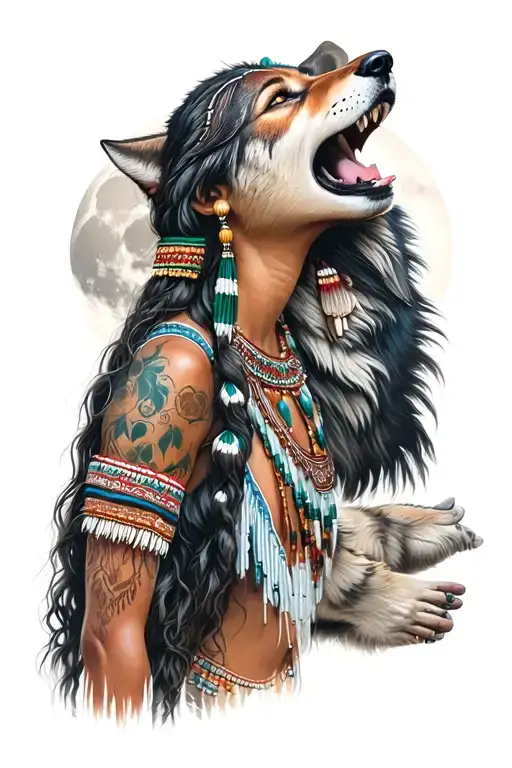 Indian Girl With Wolf Howling At The Moon